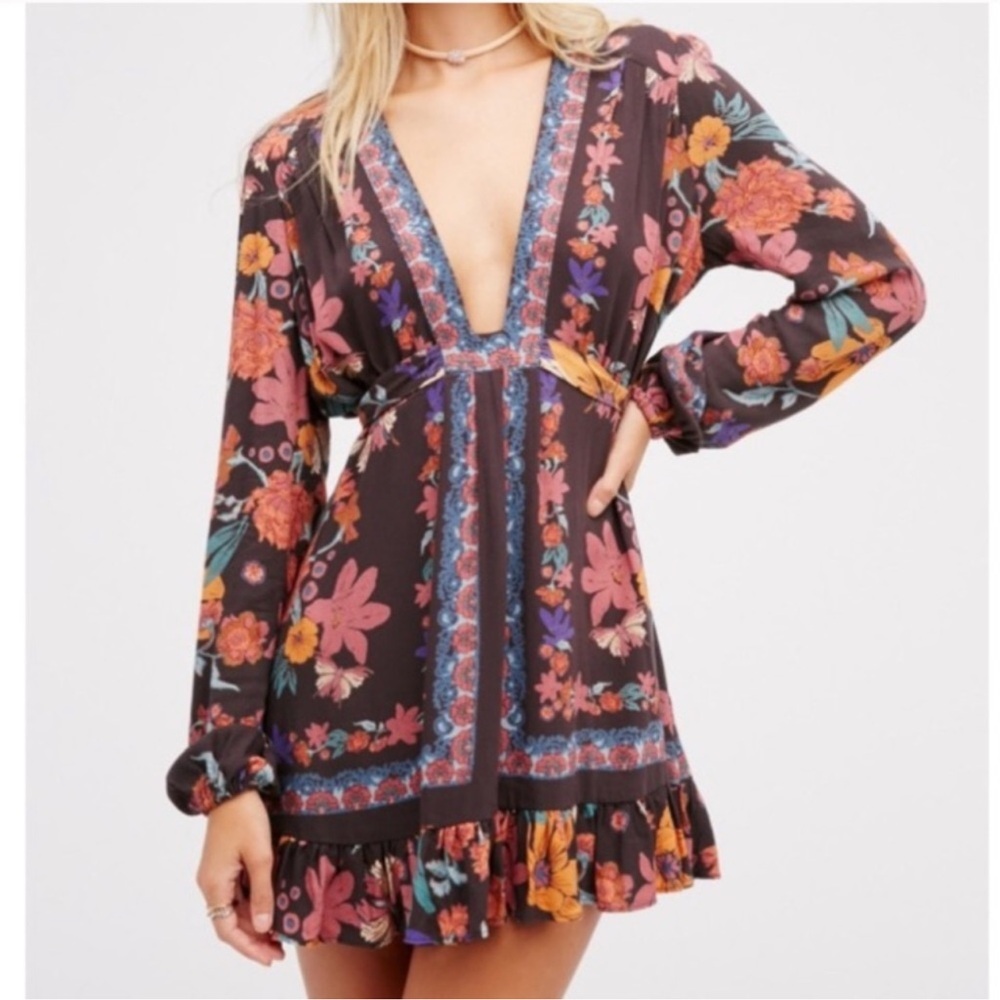 Free People Violet Hill Tunic / Dress Floral Long Sleeve Tie Back Boho Sz 6